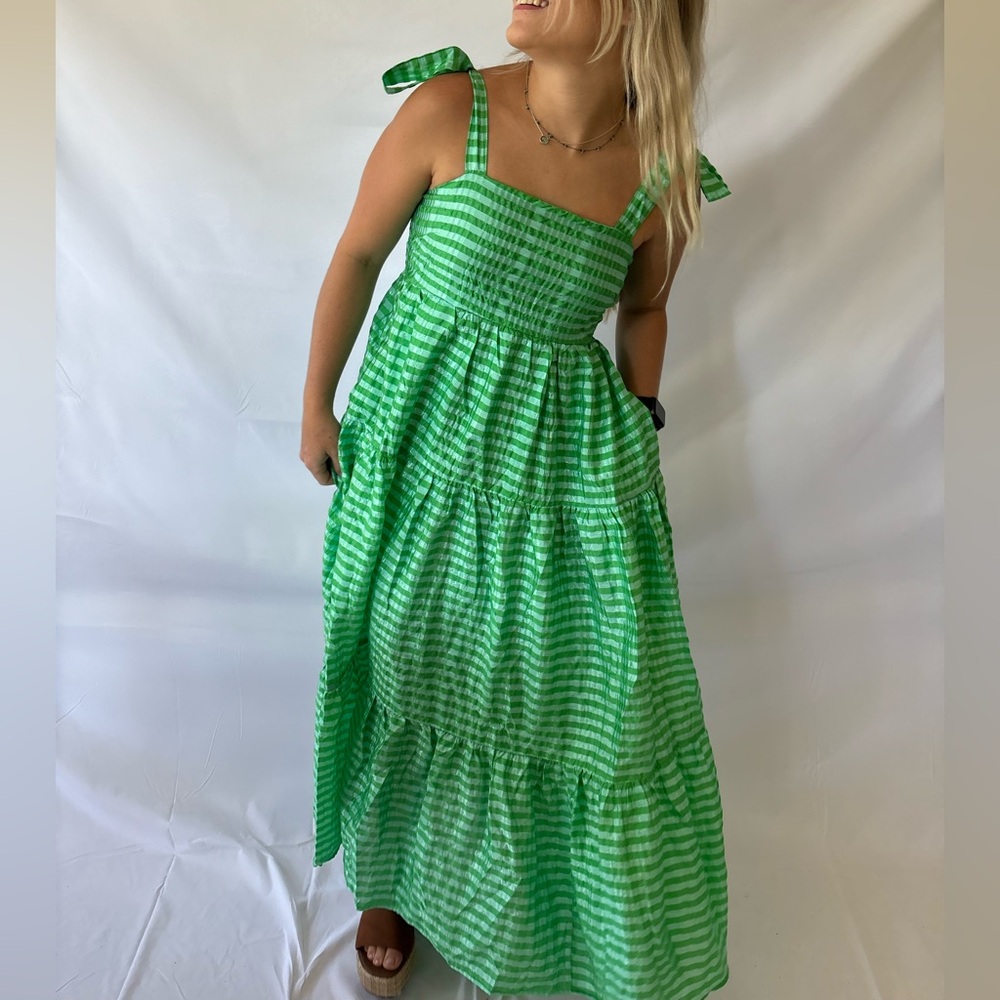 Green Striped Tie-Shoulder Maxi Dress